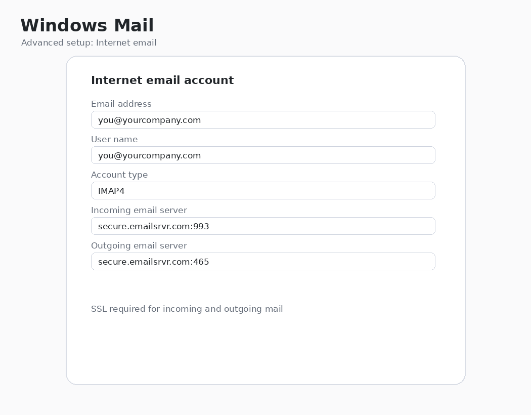 Windows Mail advanced setup screen