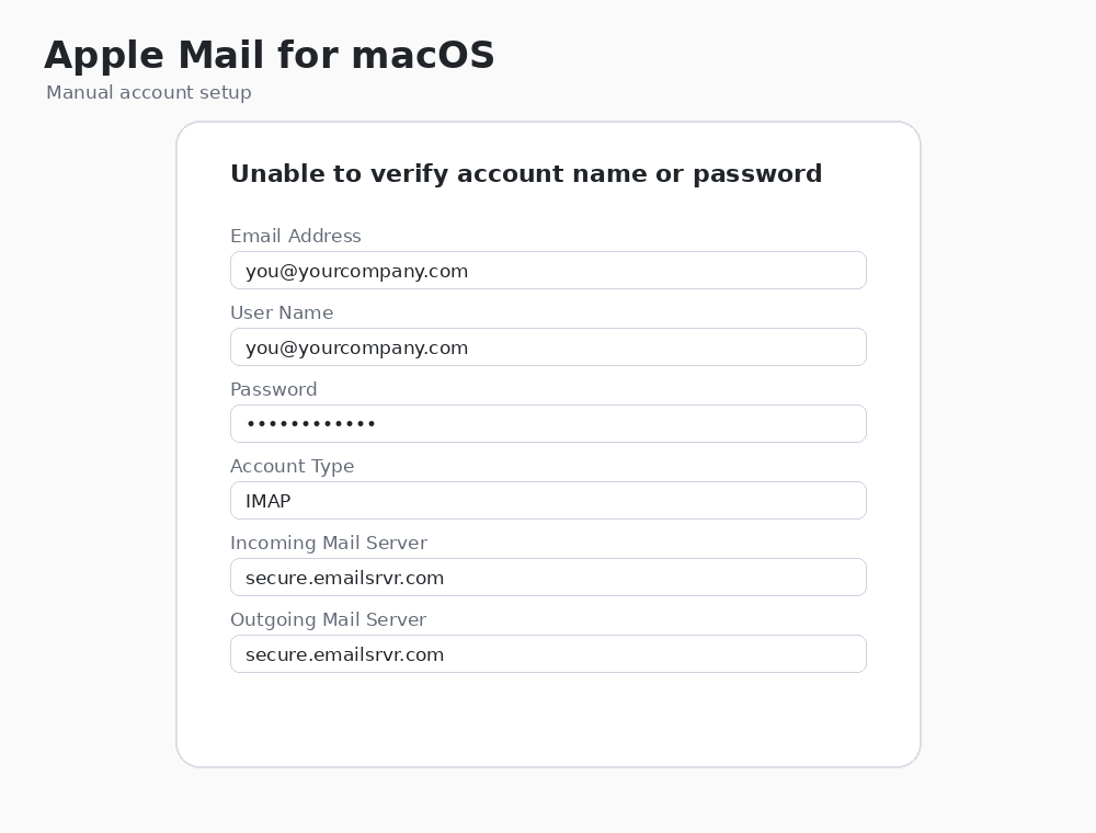 Apple Mail manual server settings